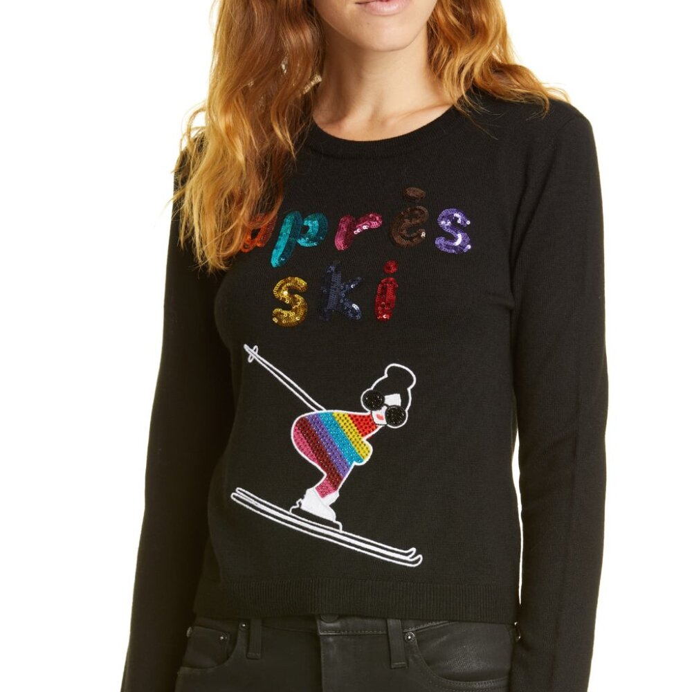 Alice and Olivia Connie Embellished Black Sweater Sequin Apres Ski Small - Picture 2 of 8